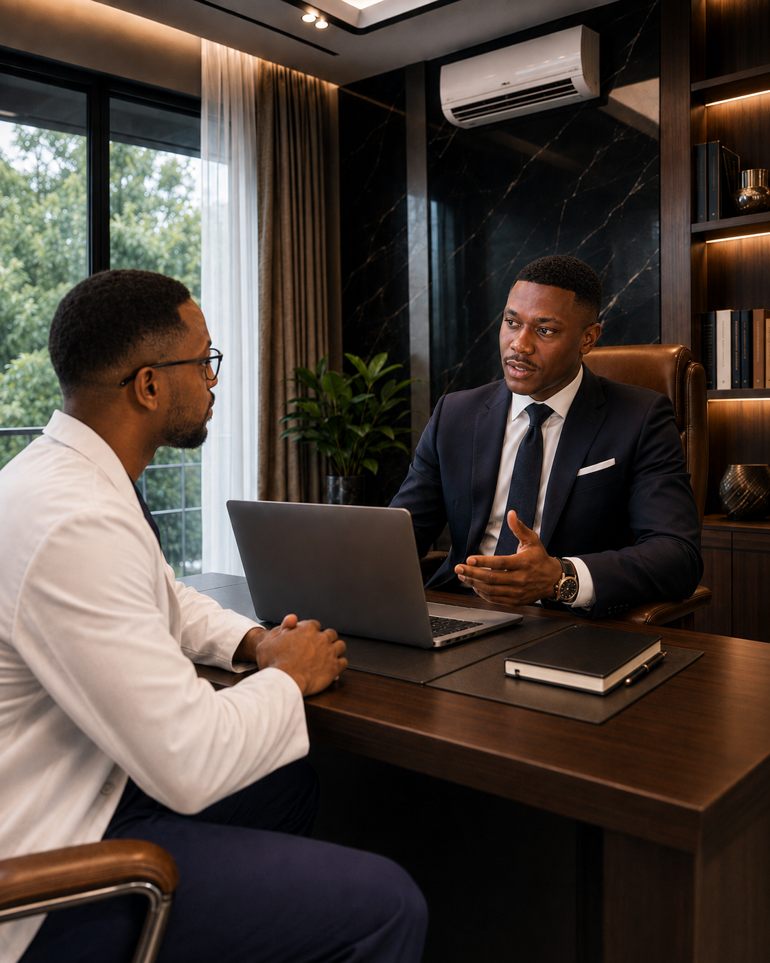 Augustine discussing a digital-business idea with a medical professional
